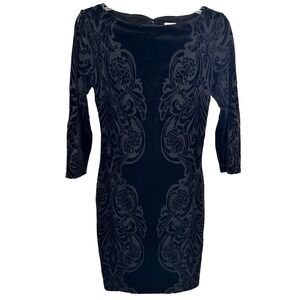 Cache Black Velvet Burnout Damask Sheath Dress 3/4 Sleeve Size 6